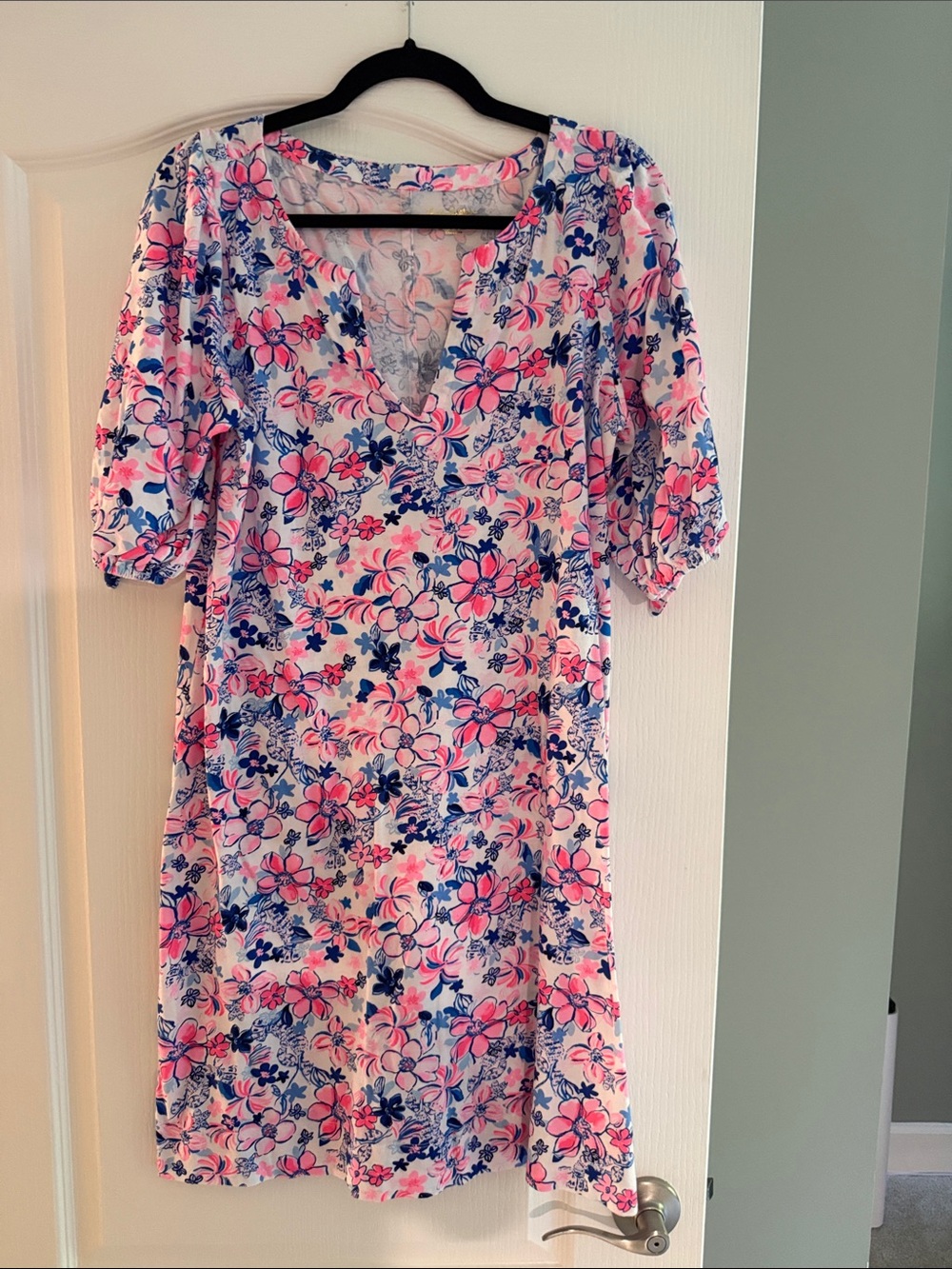 Floral Pink & Blue V-Neck Women's Dress